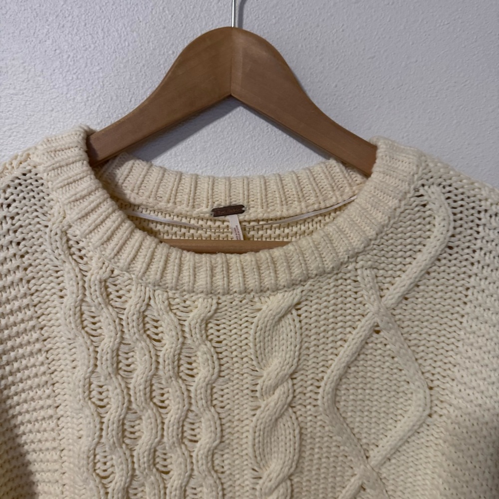Free People Dream Cable Crew Sweater Cream Chunky Knit Slouchy Boho-Small - Picture 5 of 12